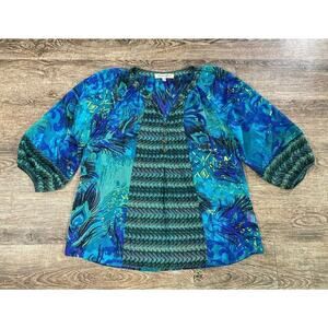 Figueroa & Flower Peacock Popover Top Blouse Boho Sheer Women's S